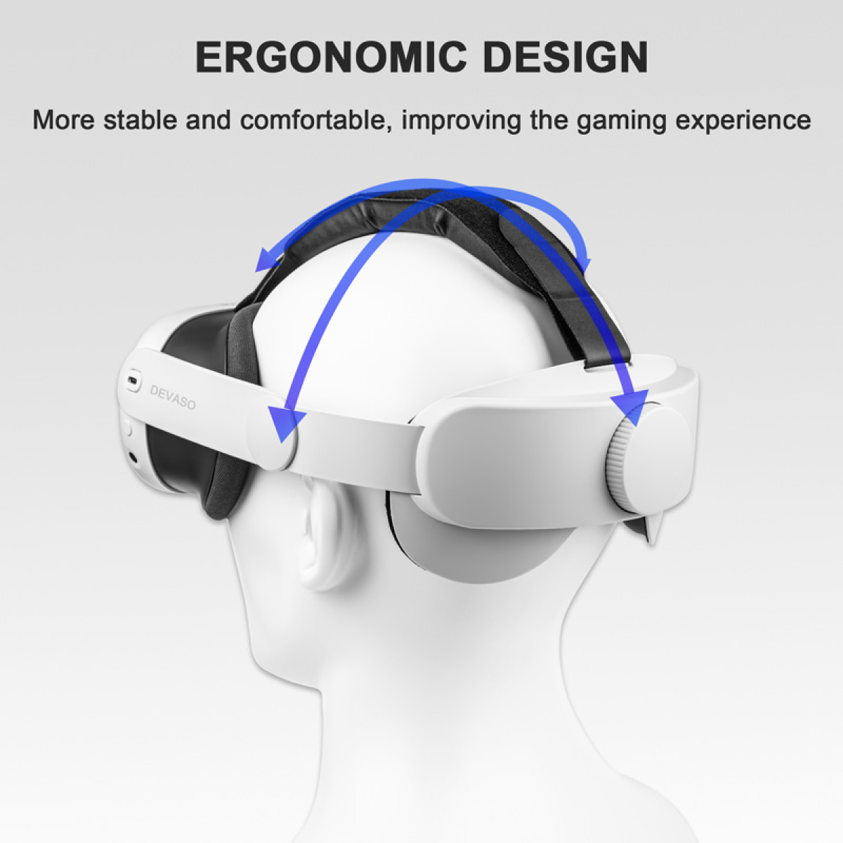 Biały zestaw VR na głowie manekina. Niebieskie strzałki wskazują na ergonomiczny design. Tekst: 'Ergonomiczny design' i 'Bardziej stabilny'.