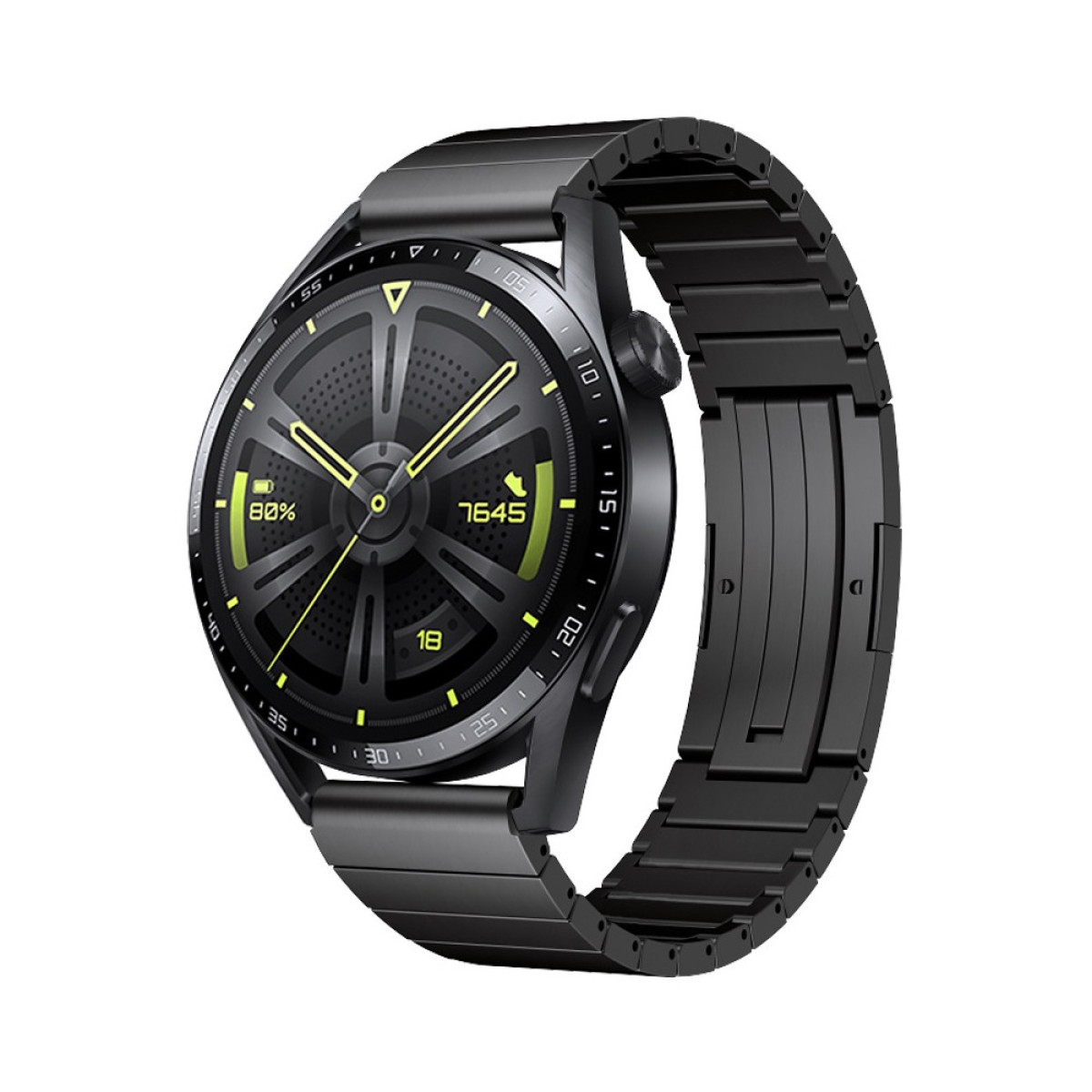 Un smartwatch nero con cinturino in metallo. Il quadrante mostra l'ora e la percentuale della batteria. Lo sfondo è bianco.