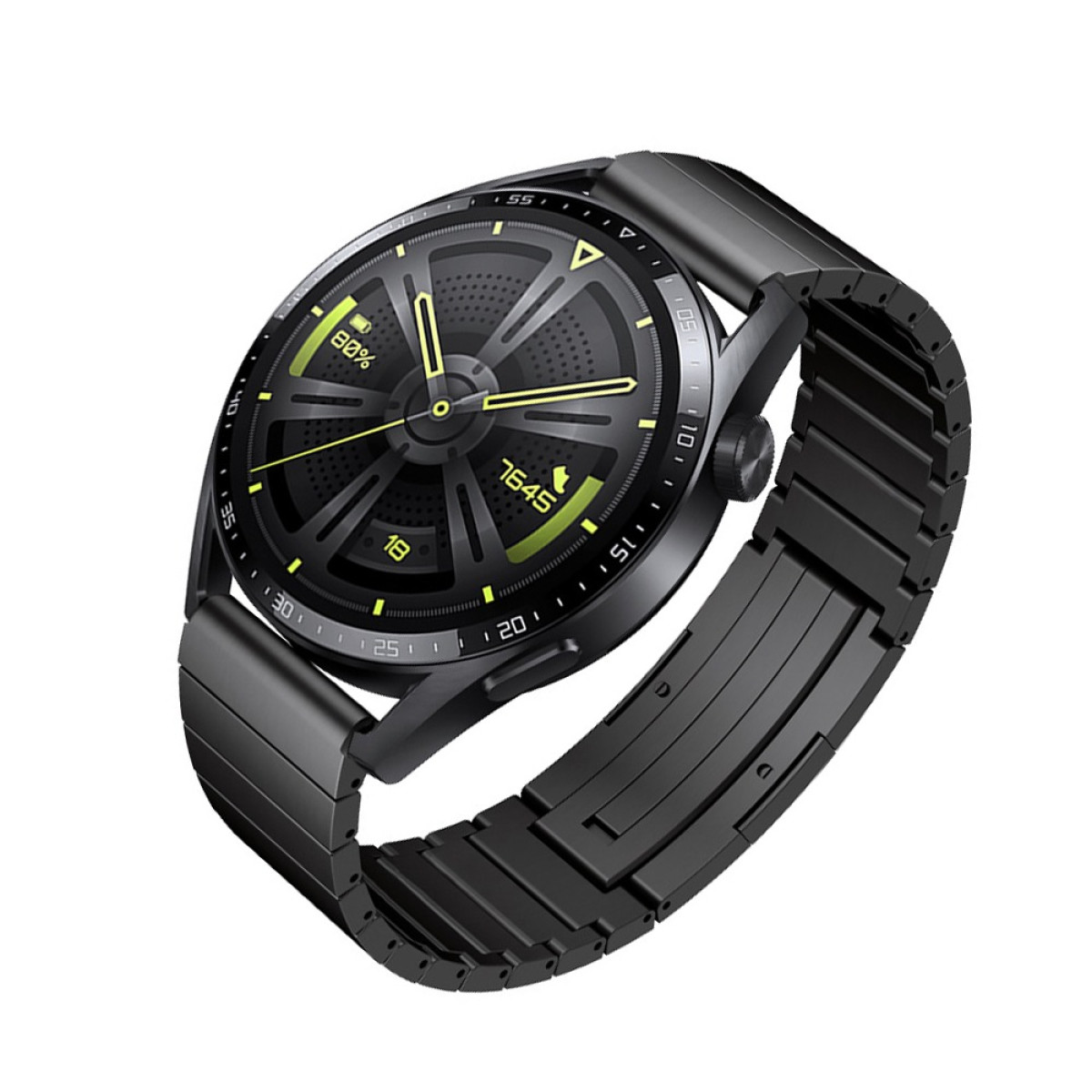 Viene mostrato uno smartwatch nero. Mostra l'ora, la batteria e i passi. L'orologio ha un cinturino metallico e un display digitale.