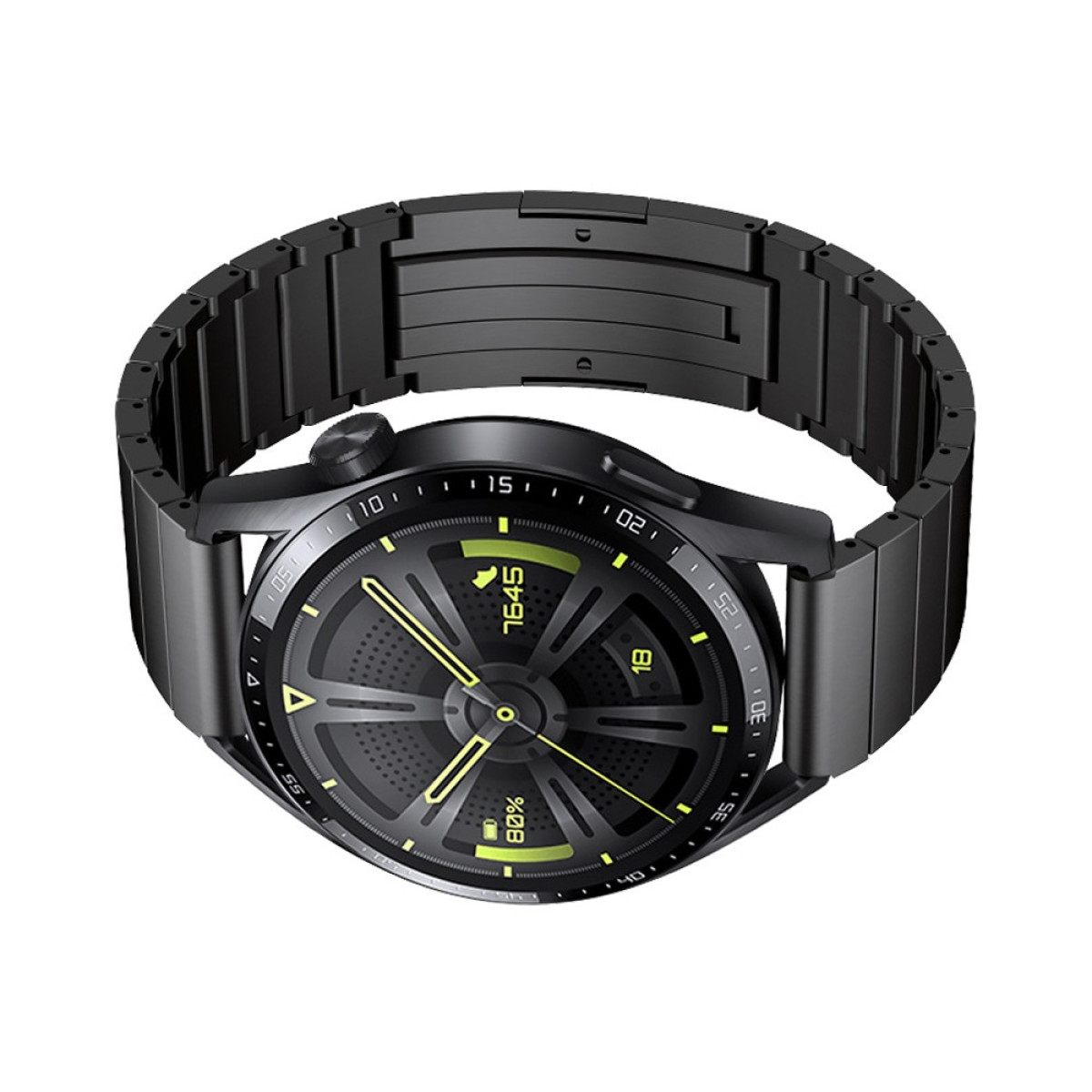 Smartwatch nero con cinturino in metallo. Il quadrante mostra l'ora e il livello della batteria. Dettagli in giallo e grigio.