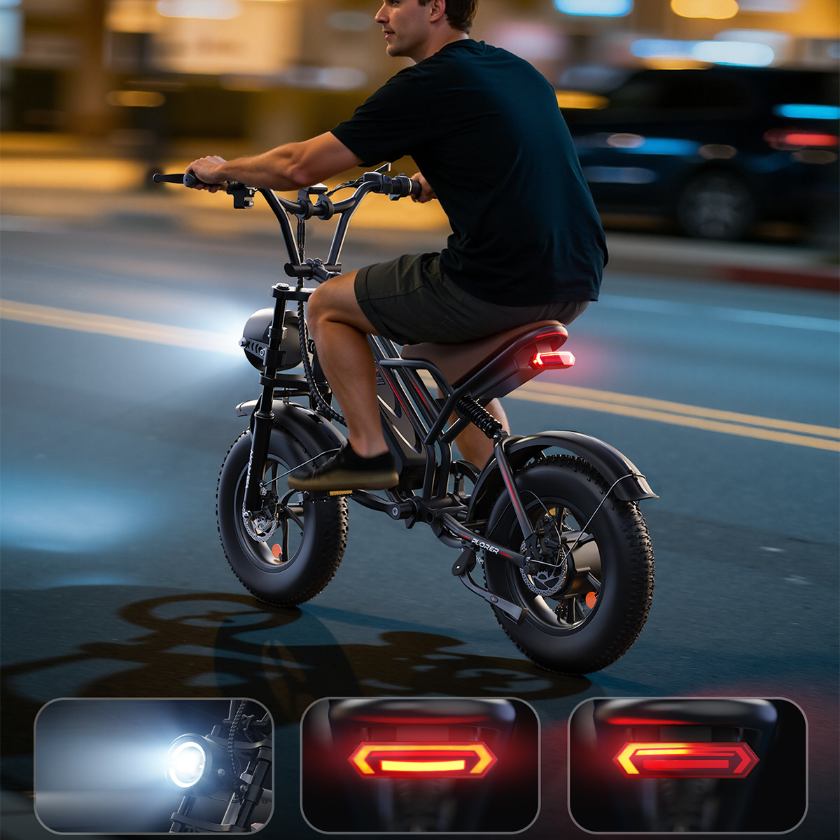 Mężczyzna jedzie nocą na rowerze elektrycznym. Rower ma jasny reflektor i tylne światło. Samochód widoczny w tle.
