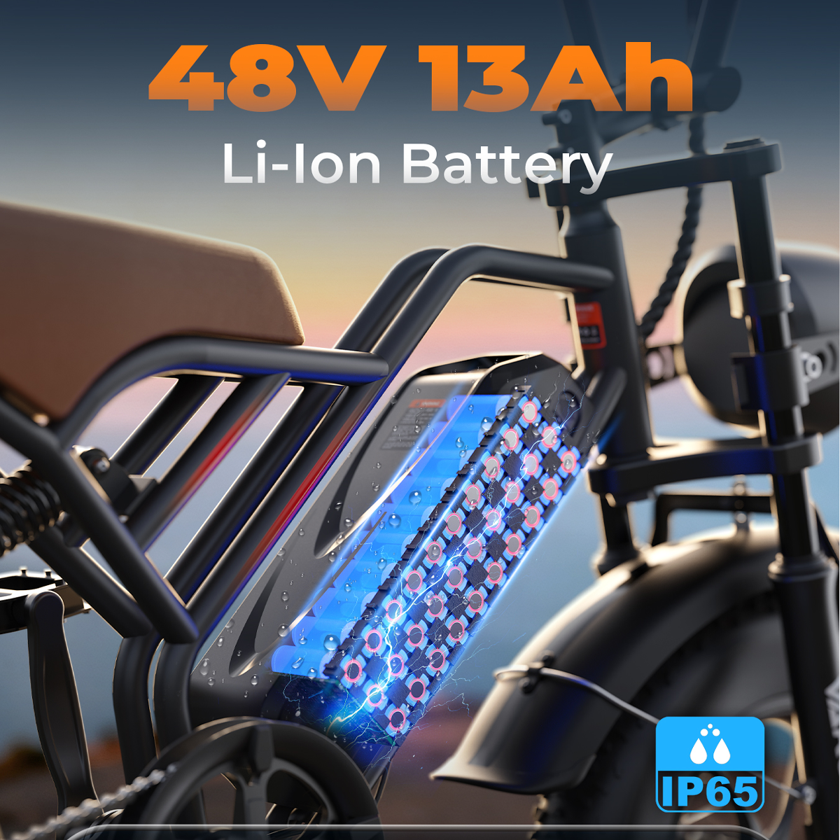 E-bike z widoczną baterią Li-ion 48V 13Ah, brązowym siedzeniem i plakietką z oceną IP65.