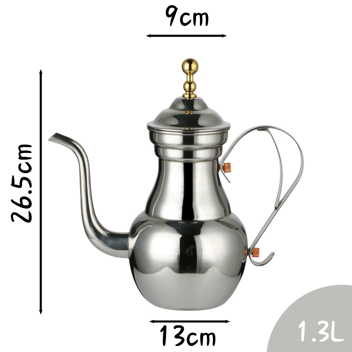 Eine metallische Teekanne mit langem Ausguss, Griff und Deckel. Abmessungen: 26,5 cm hoch, 13 cm breit und 9 cm oben. Fassungsvermögen: 1,3 l.