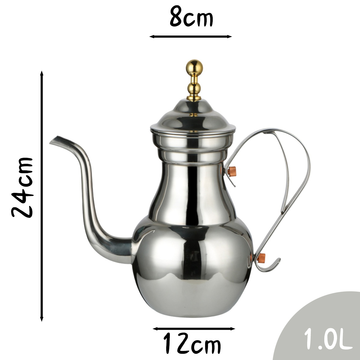 Eine metallisch-silberne Schwanenhals-Kanne, 24 cm hoch, 12 cm breit, mit einem 8 cm breiten Deckel. Sie hat einen goldenen Knopf und einen Griff. Fassungsvermögen: 1,0 l.