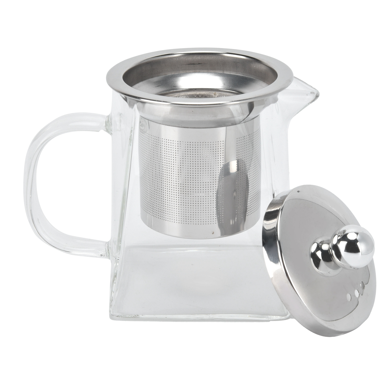Klarer Glas-Teekessel mit Edelstahl-Tee-Ei und Deckel, teilweise geöffnet. Die Teekanne hat einen Griff und steht auf weißem Hintergrund.
