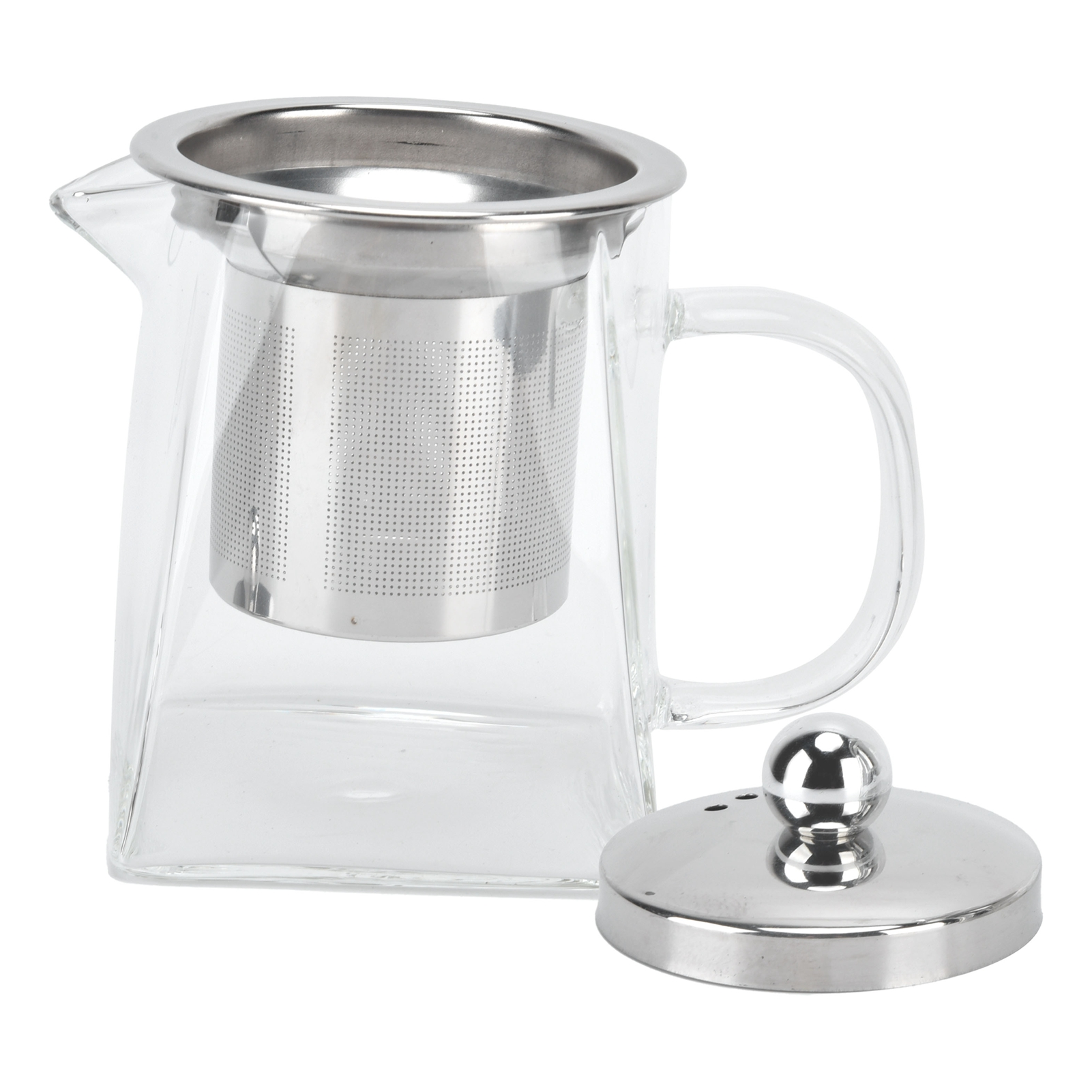 Eine klare Glas-Teekanne mit einem Edelstahl-Teesieb und Deckel, vor weißem Hintergrund platziert.