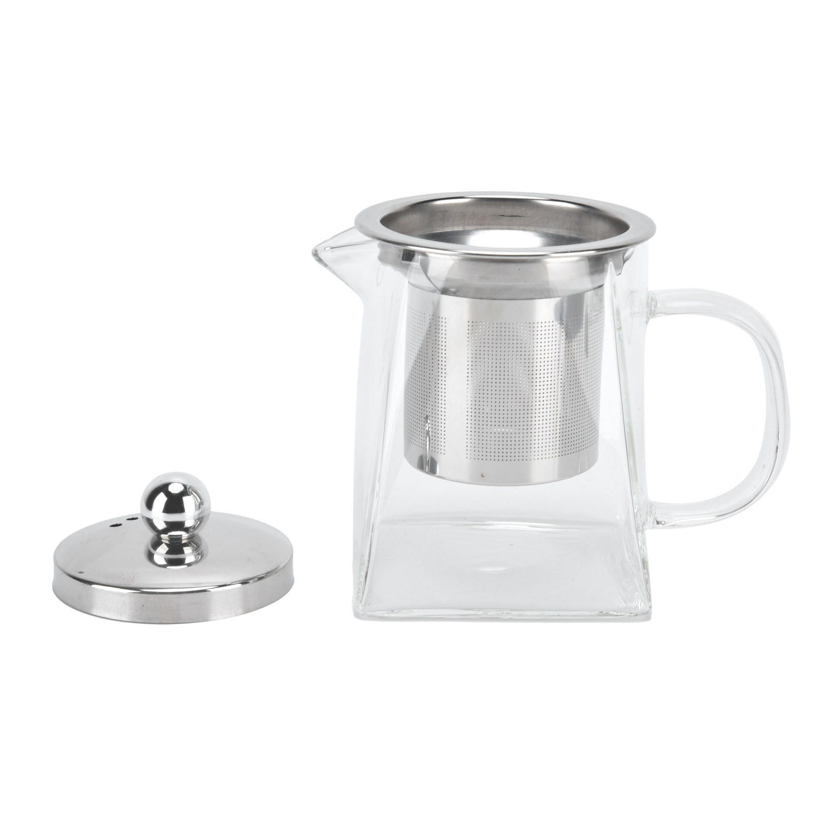Klarer Glas-Teekessel mit Metalleinsatz und Deckel. Der Deckel ist links.