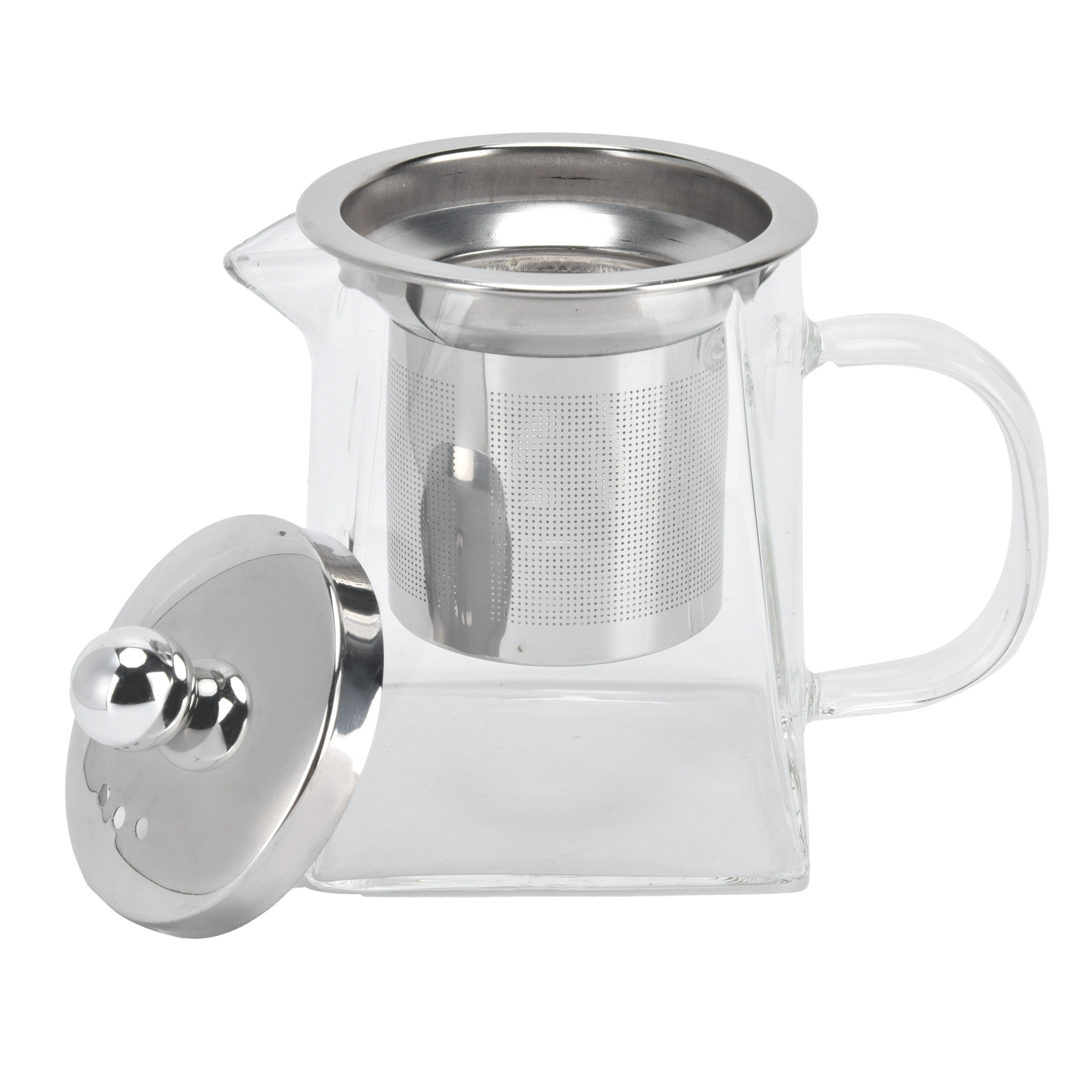 Eine klare Glasteekanne mit Edelstahl-Teesieb und Deckel, vor weißem Hintergrund.