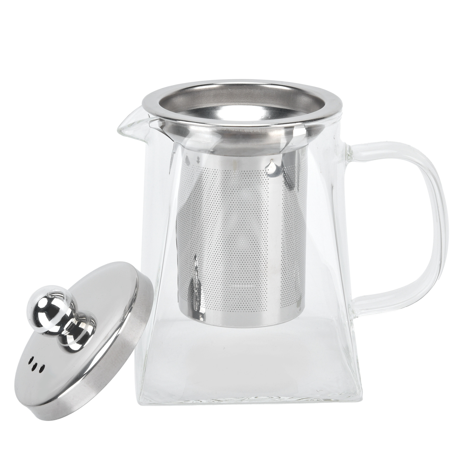 Klarer Glas-Teekessel mit Edelstahl-Tee-Ei und Deckel, teilweise geöffnet. Isoliert auf weißem Hintergrund.