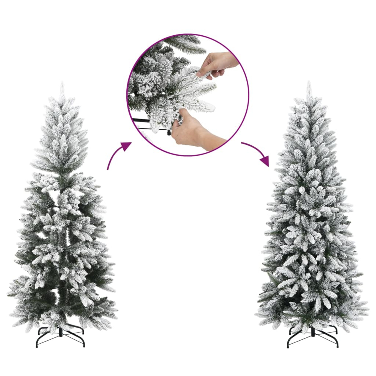 Drei künstliche Weihnachtsbäume. Einer montiert, einer unmontiert und eine Nahaufnahme von Händen, die Äste befestigen. Bäume haben Schnee.