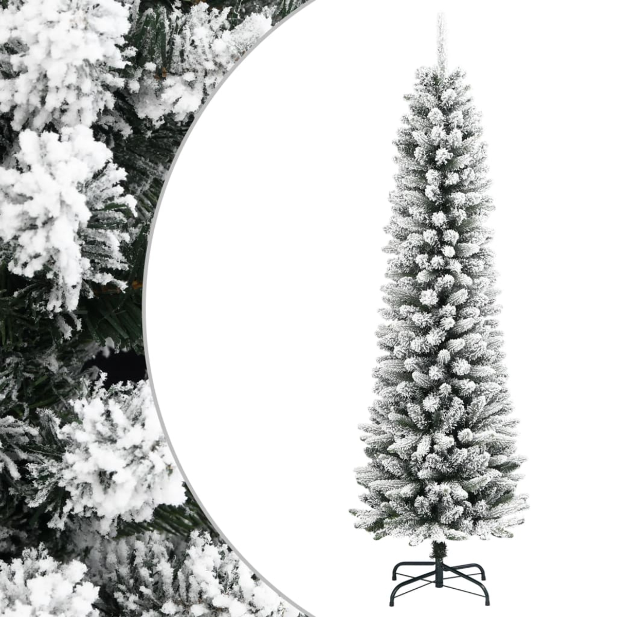 Ein hoher, beflockter Weihnachtsbaum mit schwarzem Ständer. Der Baum ist mit künstlichem Schnee bedeckt. Links eine Nahaufnahme von verschneiten Ästen.