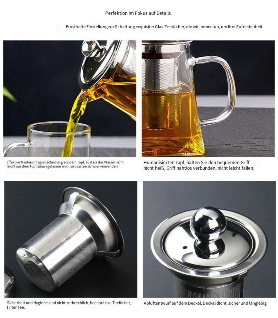 Ein Teekessel gießt Tee in ein Glas. Nahaufnahmen zeigen einen Filter, Deckel und Teekesselteile. Text auf Deutsch beschreibt die Merkmale.