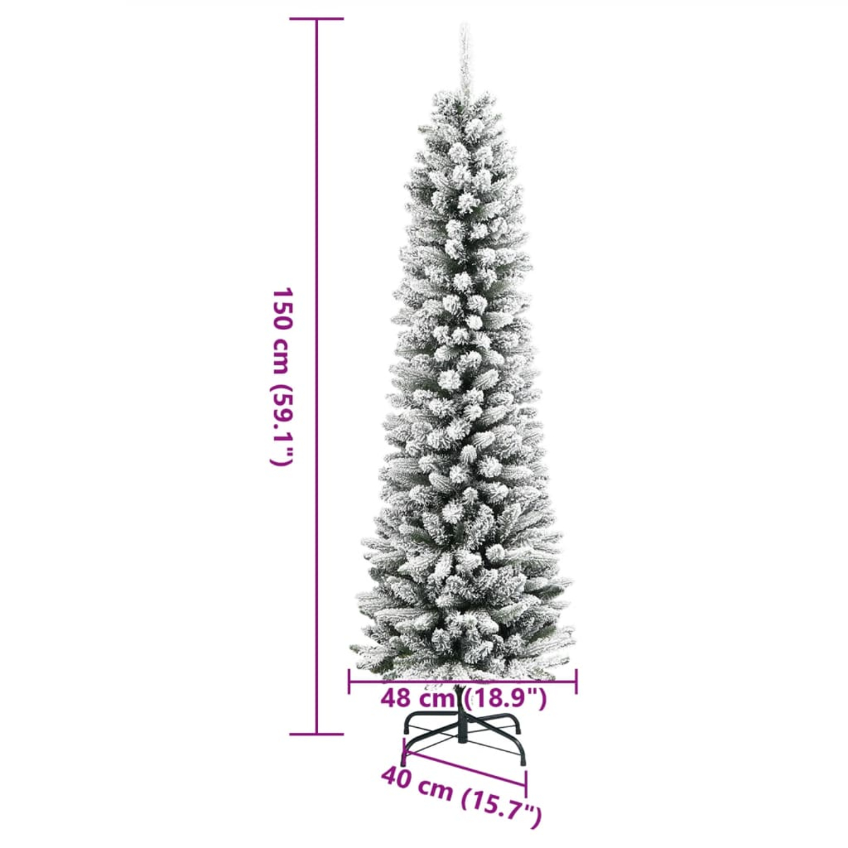 Ein hoher, schmaler künstlicher Weihnachtsbaum, bedeckt mit Weiß. Er ist 150 cm hoch und steht auf einem schwarzen Metallständer.