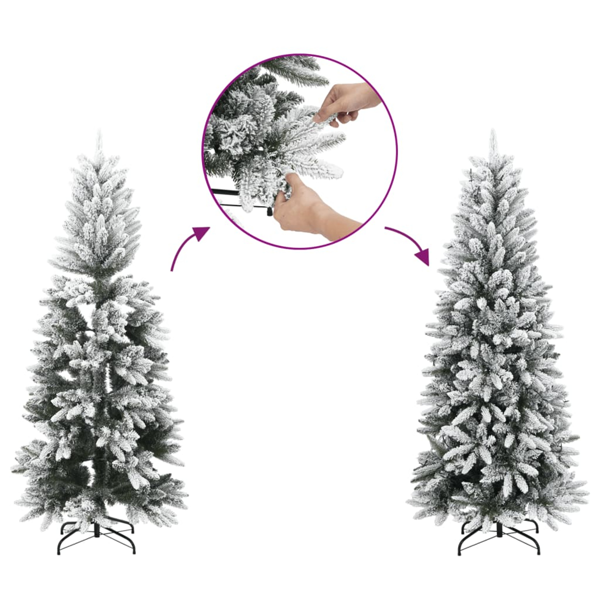 Vengono mostrati tre alberi di Natale artificiali innevati. Uno viene assemblato con le mani. Gli altri due sono già assemblati.