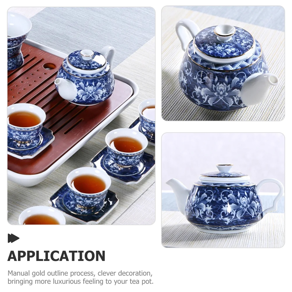 Ein Teeservice mit blau-weißen Blumenmustern. Teetassen, Untertassen und Teekannen sind auf einem Tablett angeordnet, mit Tee darin.