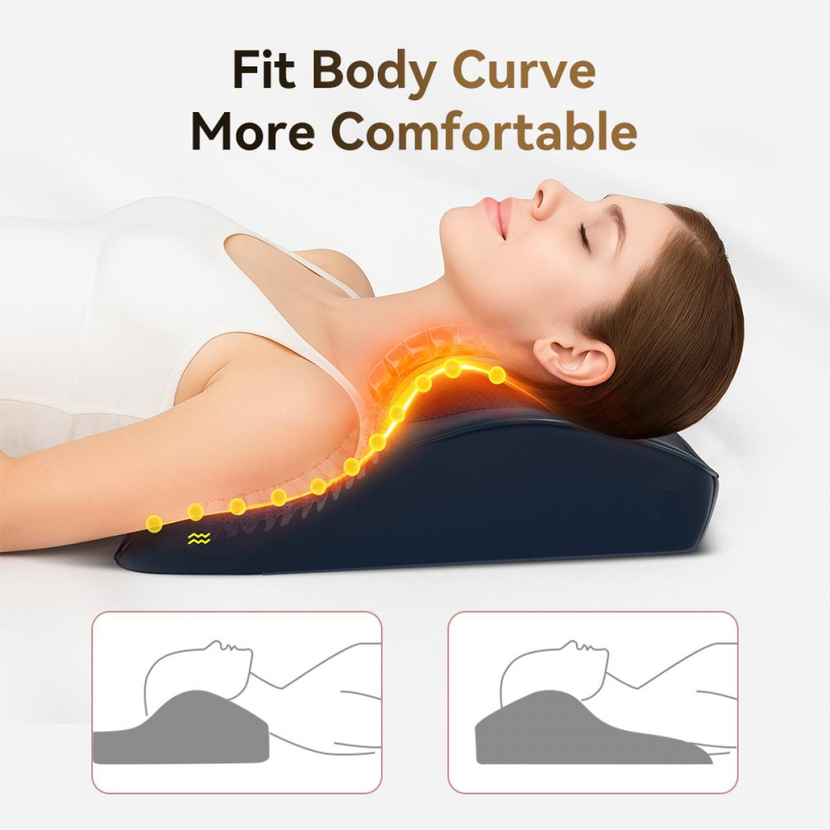 Frau liegt auf einem blauen Kissen, gelbe Linie zeigt Nackenstütze. Text: 'Fit Body Curve More Comfortable'. Enthält Diagramme.