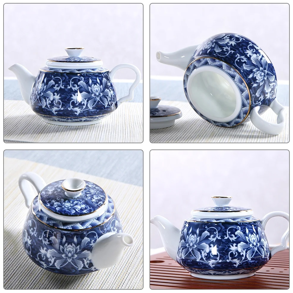 Eine Porzellan-Teekanne mit blauem Blumenmuster. Sie hat einen weißen Griff, Ausguss und Deckel. Der Hintergrund ist neutral.