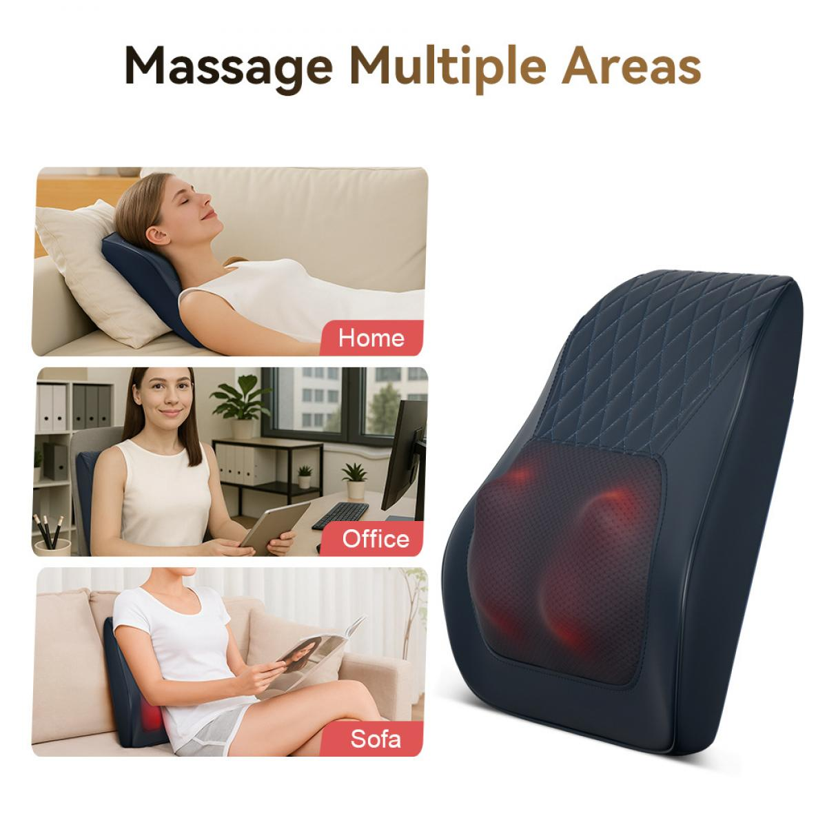 Das Bild zeigt ein Massagekissen und seine Verwendung zu Hause, im Büro und auf dem Sofa. Menschen benutzen das Kissen auf einem Sofa, Stuhl und im Liegen.