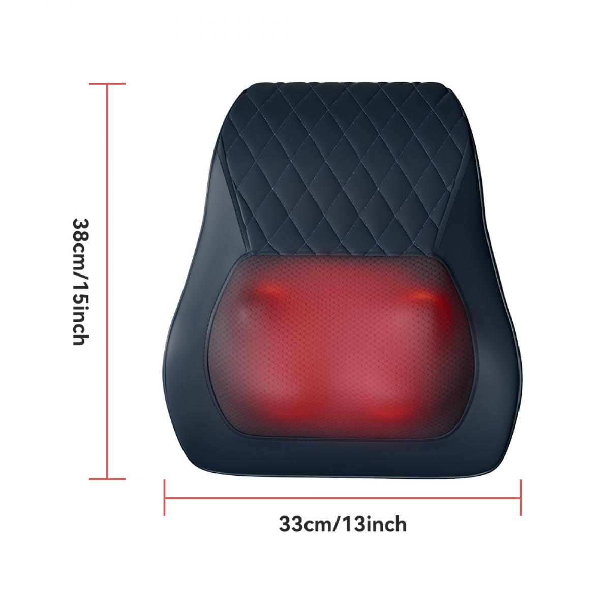 Ein dunkelblauer Massagesessel mit rotem Glühbereich, die Abmessungen betragen 38 cm/15 Zoll hoch und 33 cm/13 Zoll breit.