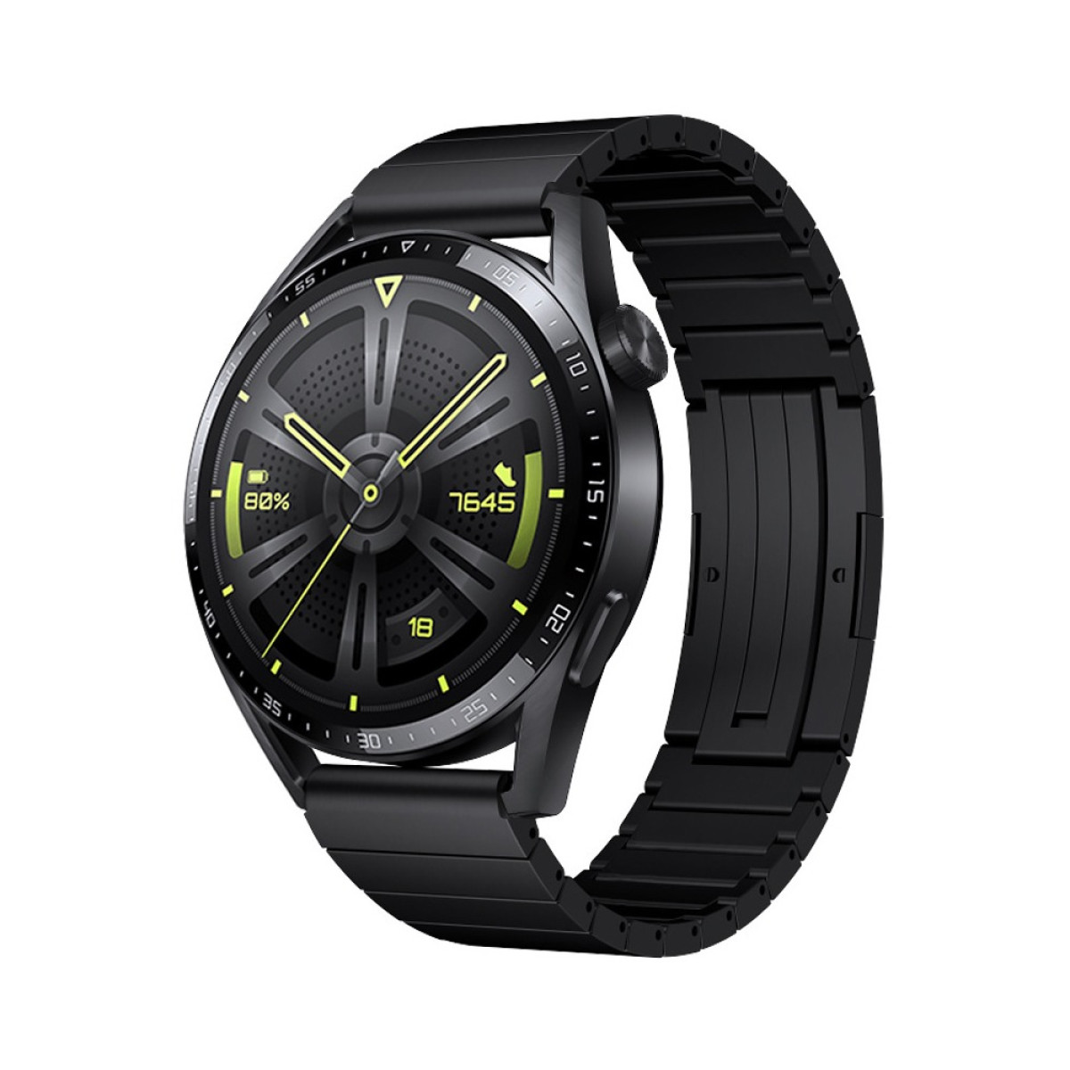Eine schwarze Smartwatch mit rundem Zifferblatt und schwarzem Metallarmband. Das Zifferblatt zeigt Zeit, Akku und Schritte.