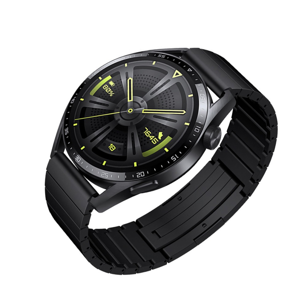 Eine schwarze Smartwatch mit rundem Zifferblatt zeigt 80 % Akku und Uhrzeit an. Auch das Armband ist schwarz. Es ist vor weißem Hintergrund.
