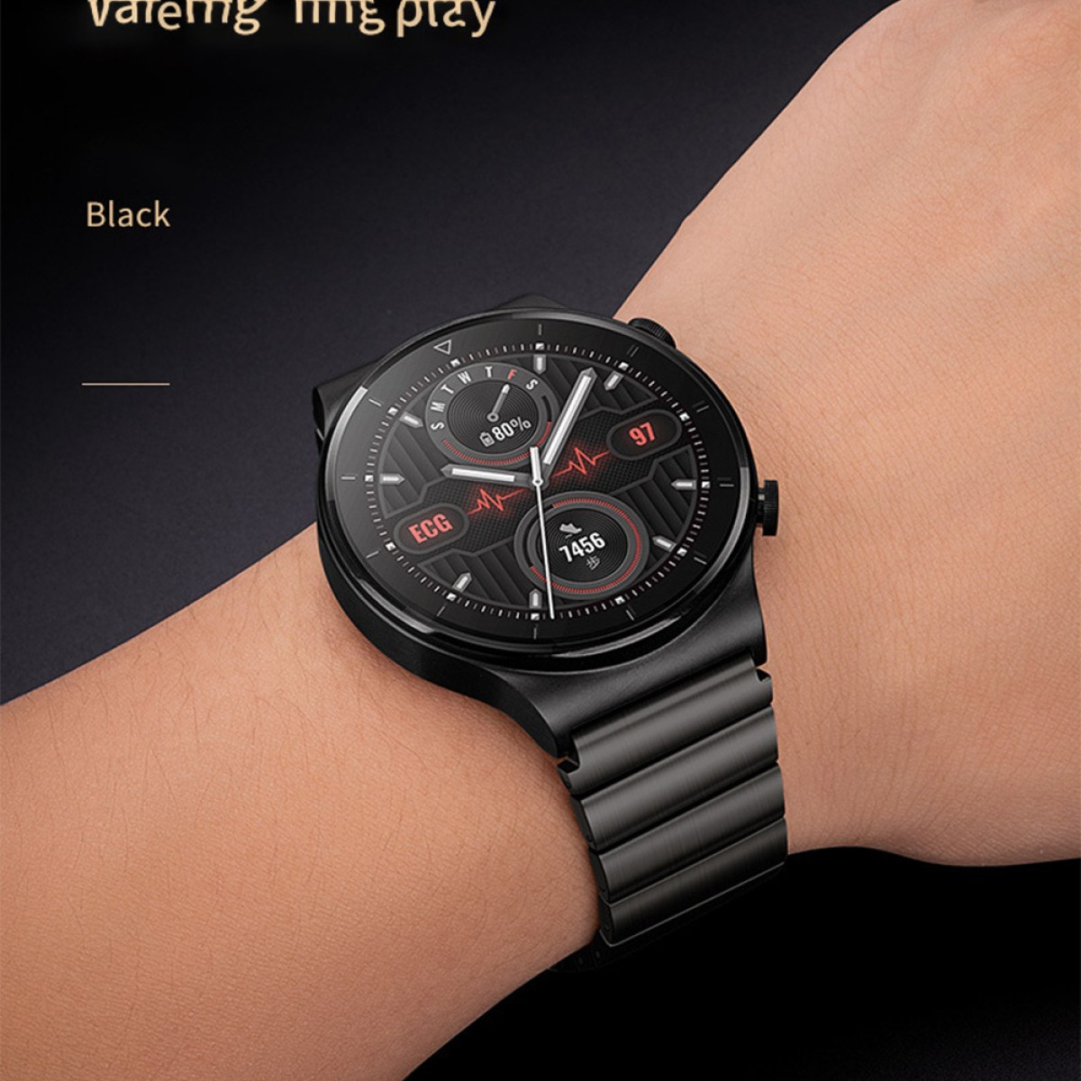 Eine schwarze Smartwatch wird am Handgelenk getragen. Die Uhr zeigt Gesundheitsdaten und Zeit an. Das Armband ist ebenfalls schwarz.