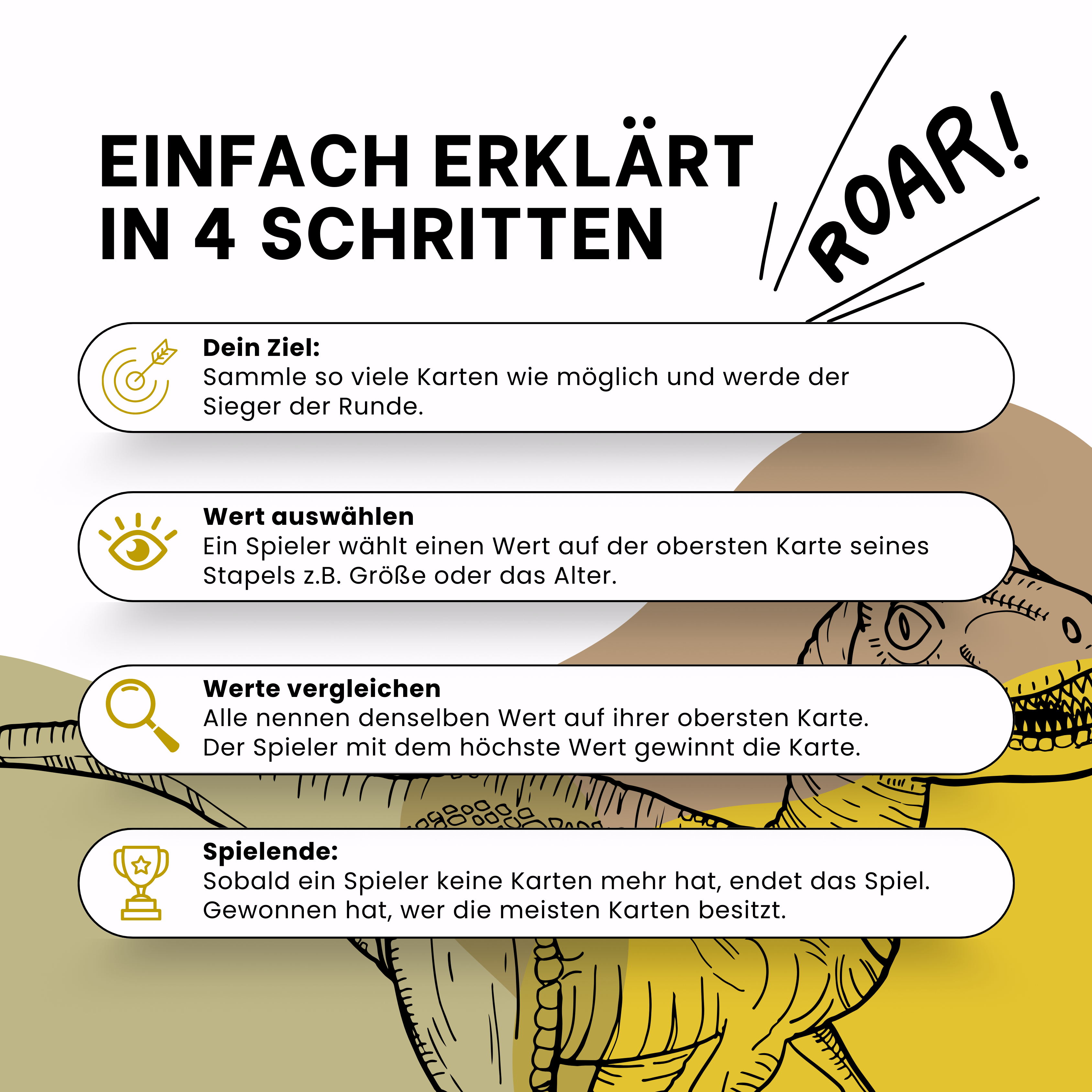 Illustration mit Text, der ein Spiel erklärt, mit Dinosaurier-Hintergrund und einer 'ROAR!'-Sprechblase.