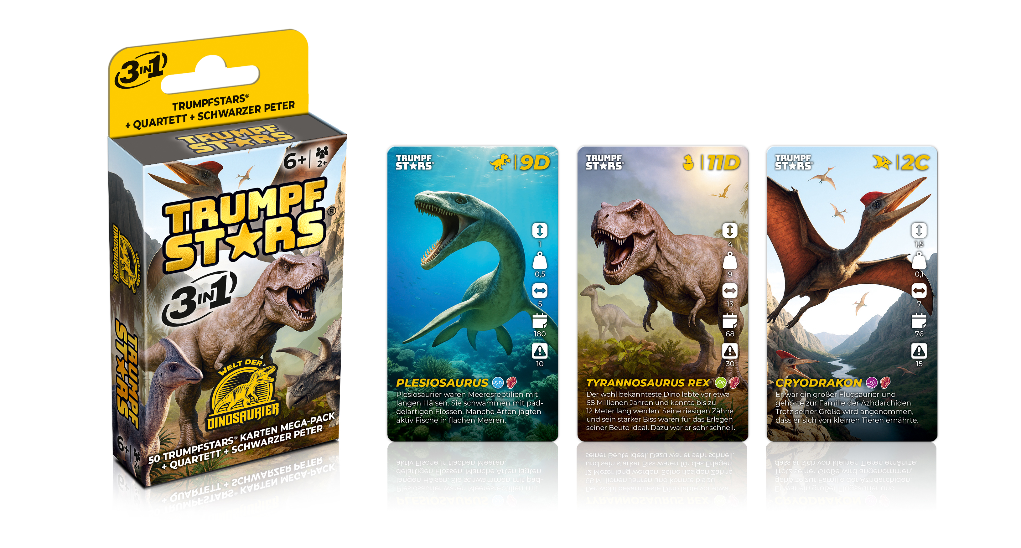 Kartenspielbox mit Dinosaurier-Thema. Enthält Dinosaurierkarten und Informationen. Hintergrund zeigt Dinosaurier.