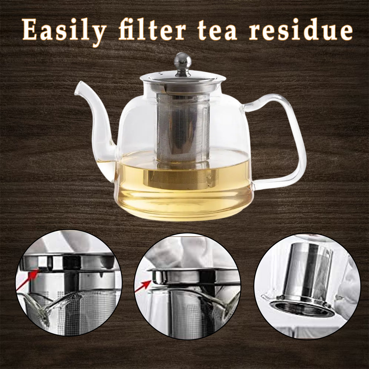 Gläserne Teekanne mit Metallfilter, enthält Tee. Drei Nahaufnahmen zeigen die Handhabung des Filters für die einfache Reinigung.