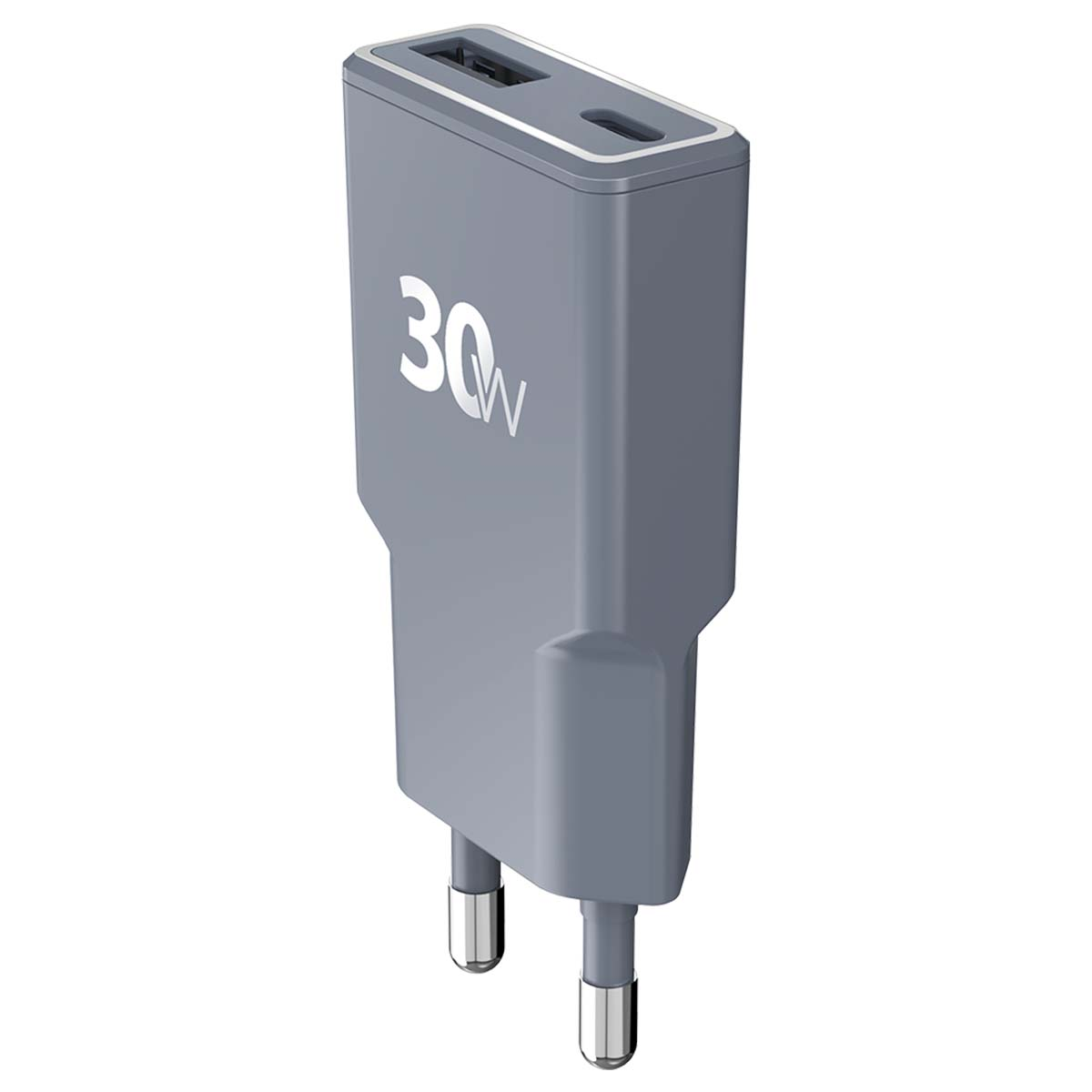 Un caricabatterie grigio da 30 W con due pin e una porta USB in alto. Il caricabatterie è su sfondo bianco.