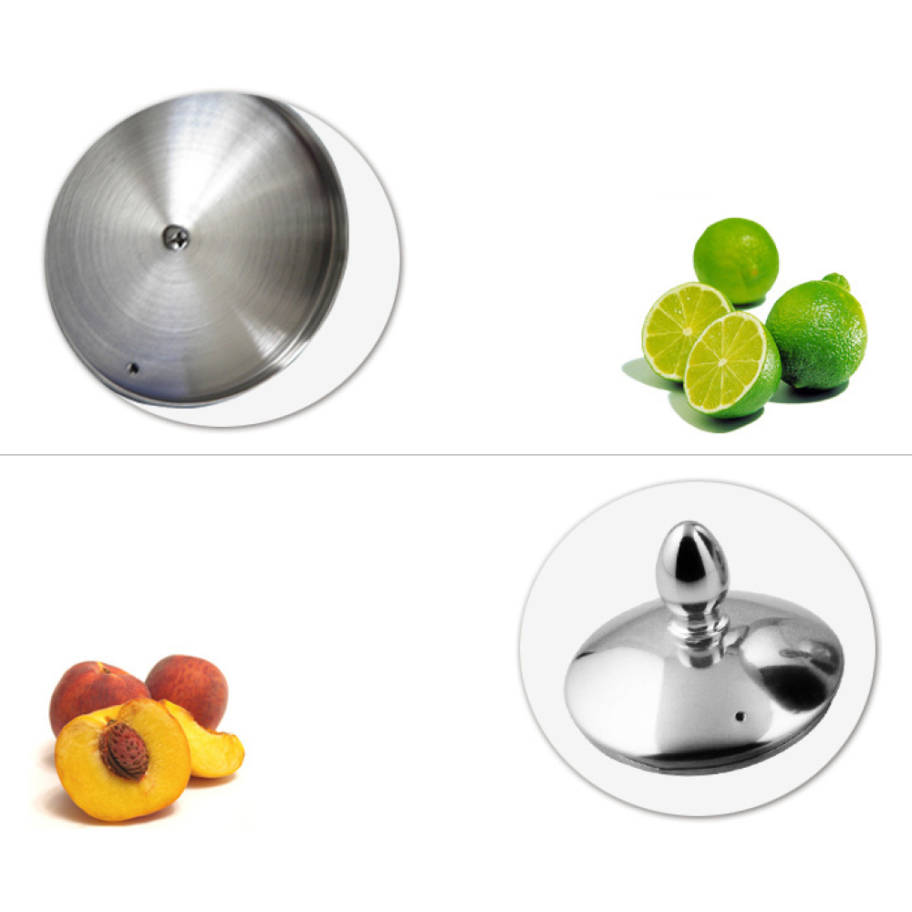 Das Bild zeigt vier separate Elemente: einen Metalldeckel, Limetten, Pfirsiche und einen weiteren Metalldeckel, alle auf weißem Hintergrund.