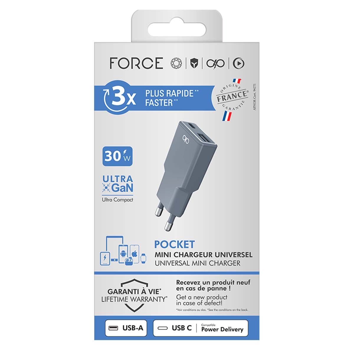 Un mini caricatore universale grigio in una scatola bianca e grigia. Il testo include 'FORCE', '3x più veloce', '30W' e 'Garanzia a vita'.
