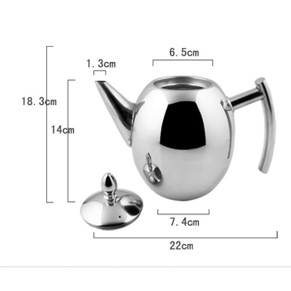 Eine glänzende Teekanne aus Edelstahl mit Deckel daneben. Abmessungen sind markiert: 22 cm lang, 18,3 cm hoch, Ausguss 1,3 cm.