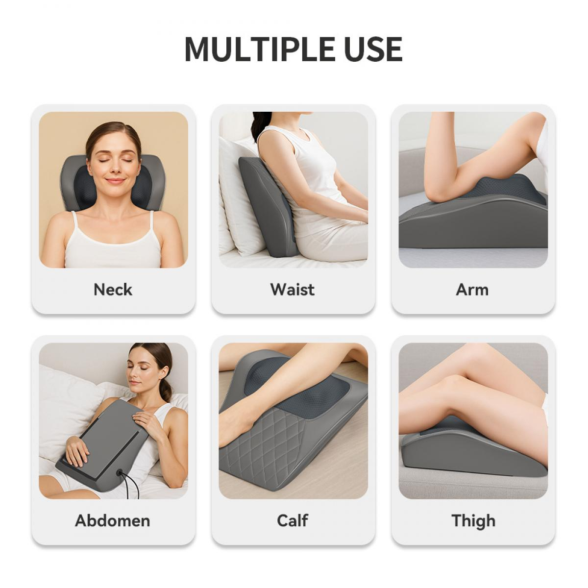 Das Bild zeigt Massagegeräte, die an Nacken, Taille, Arm, Bauch, Wade und Oberschenkel verwendet werden. Jedes ist mit dem Körperteil beschriftet.