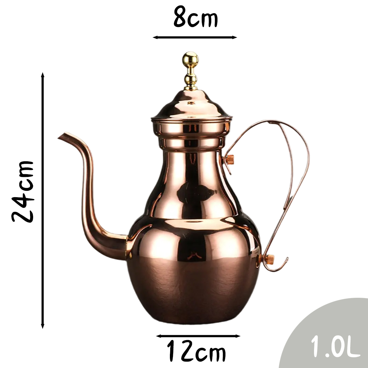 Kupferfarbene Teekanne mit Maßangaben. Sie hat einen langen Ausguss, einen Henkel und einen Deckel mit einem dekorativen Knopf. Auf der Basis steht 1,0L.