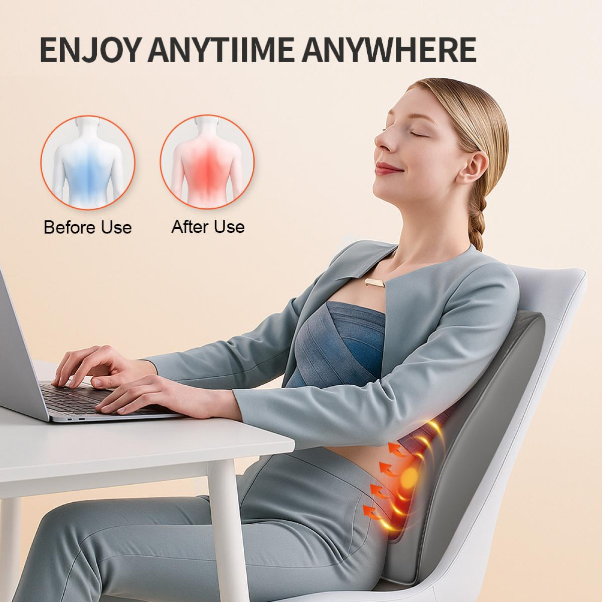 Eine Frau sitzt an einem Schreibtisch und benutzt einen Laptop mit einem Rückenstützkissen auf ihrem Stuhl. Diagramme zeigen Schmerzlinderung.