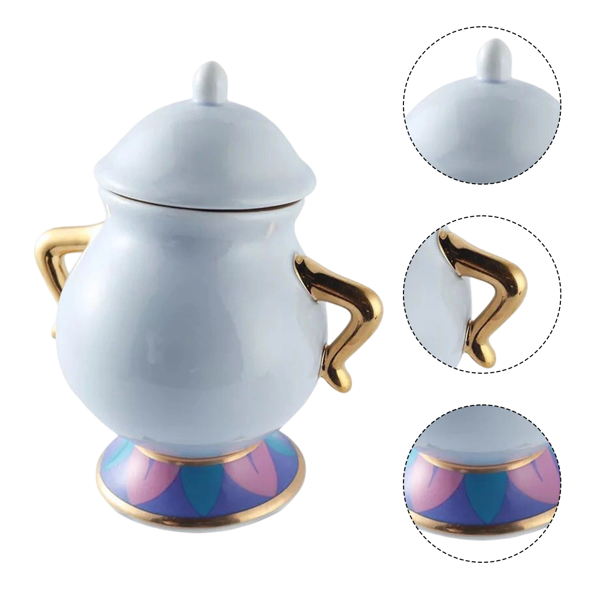 Hellblaue Teekanne mit goldenen Griffen und Deckel. Der Sockel hat ein dekoratives Muster in Rosa, Blau und Gold.