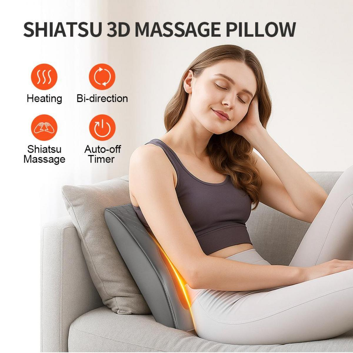 Eine Frau entspannt sich auf einem Sofa mit einem Massagekissen. Das Bild zeigt Funktionen des Kissens: Heizung, bidirektional, Shiatsu-Massage und Timer.