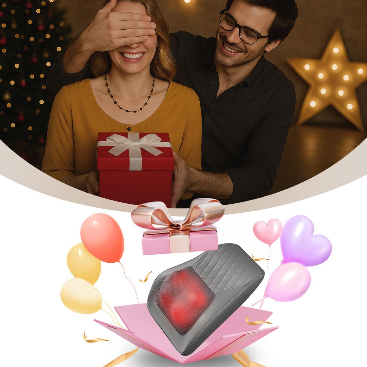Mann verdeckt Augen der Frau, hält Geschenk. Darunter Massagekissen mit Ballons und Geschenkbox.