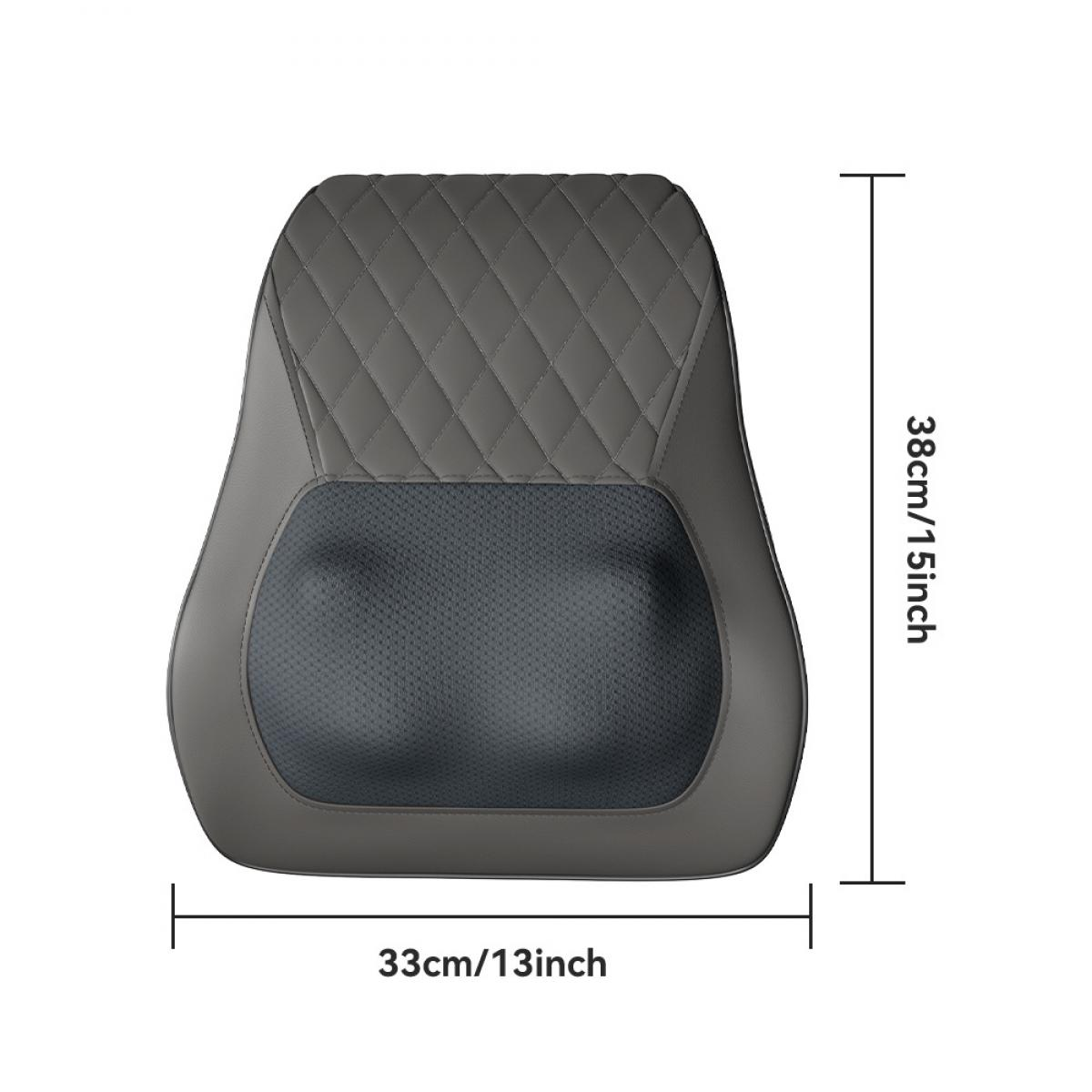 Ein graues Massagekissen wird gezeigt, mit den Abmessungen 33 cm / 13 Zoll mal 38 cm / 15 Zoll. Es hat eine gesteppte Oberseite und ein Netzmittelteil.