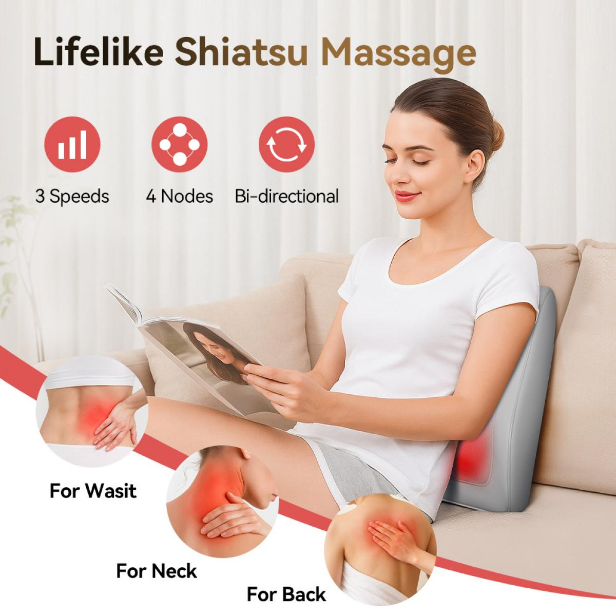 Eine sitzende Frau liest und benutzt ein Rückenmassagegerät. Details zeigen Massagebereiche: Taille, Nacken und Rücken. Text zeigt 3 Geschwindigkeiten, 4 Knoten.