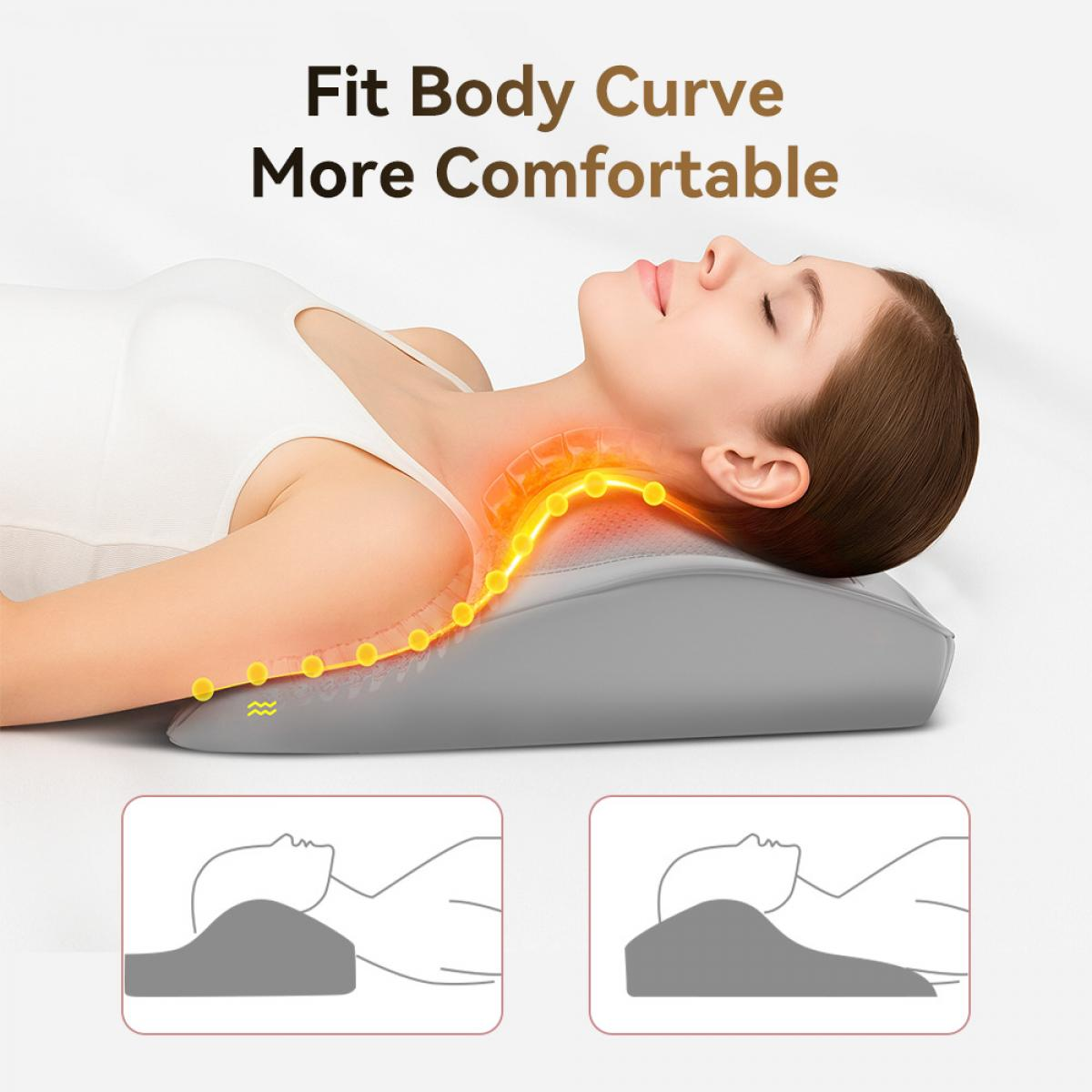 Frau liegt auf grauem Kissen, Nackenkurve hervorgehoben. Text: Fit Body Curve More Comfortable. Diagramme zur Kopfpositionierung.