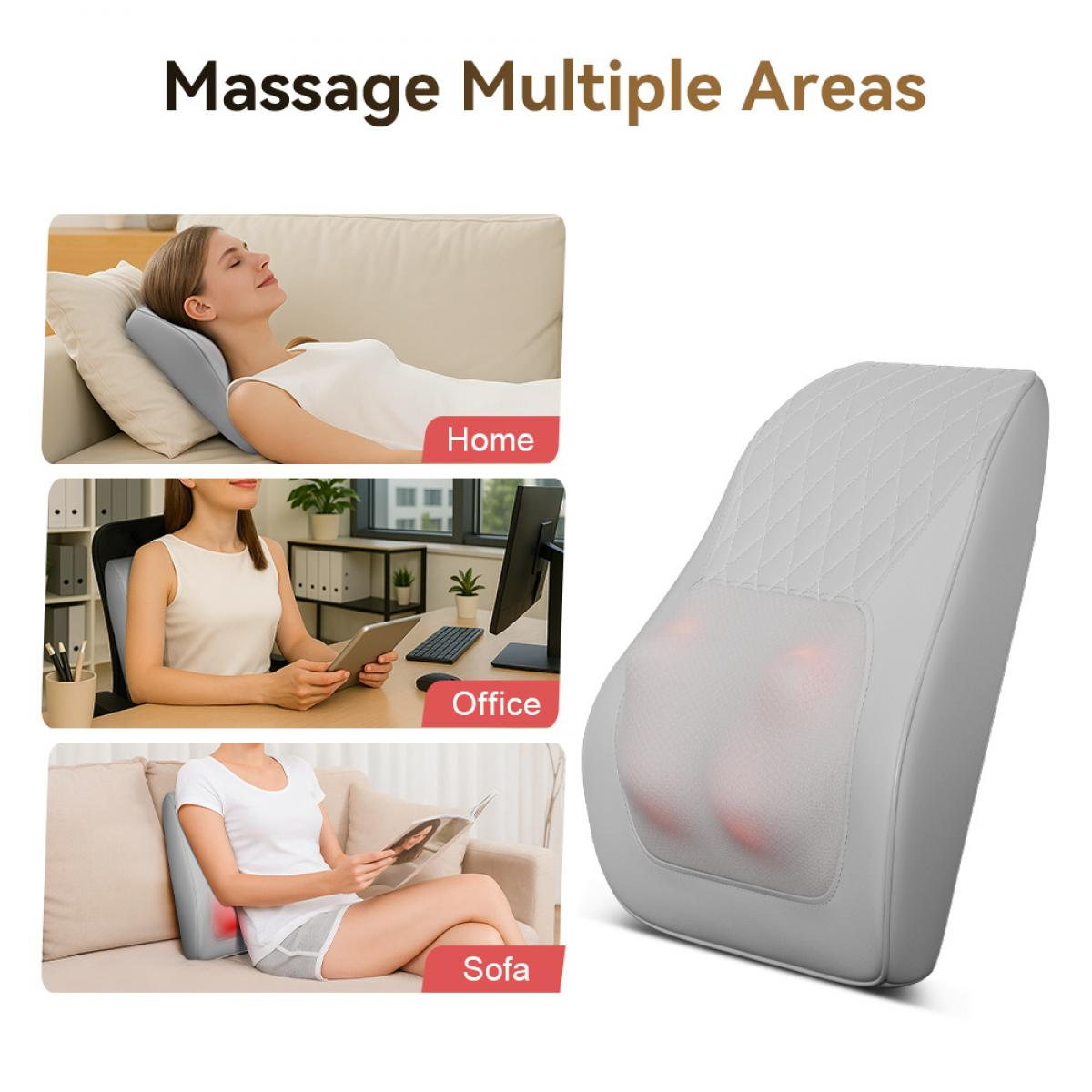 Das Bild zeigt ein Massagekissen und Personen, die es zu Hause, im Büro und auf dem Sofa benutzen.