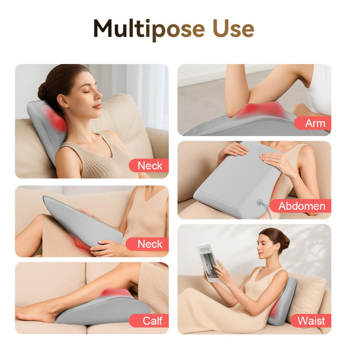 Das Bild zeigt eine Frau, die ein Massagekissen in verschiedenen Positionen verwendet: Nacken, Arm, Bauch, Wade und Taille.