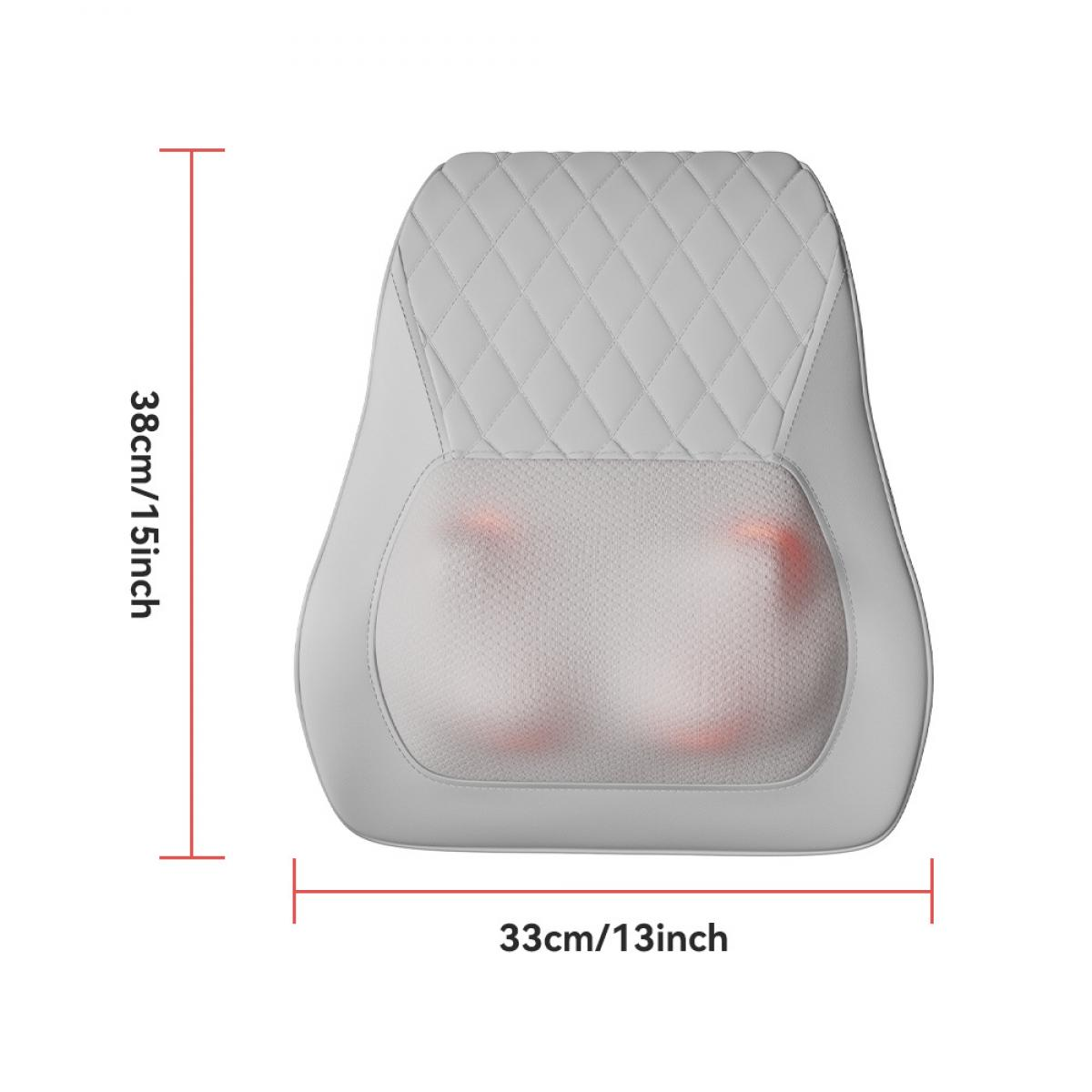 Gezeigt wird ein graues Massage-Stuhlkissen. Die Abmessungen sind beschriftet: 38cm/15inch hoch und 33cm/13inch breit. Das Kissen hat eine gesteppte Oberseite.
