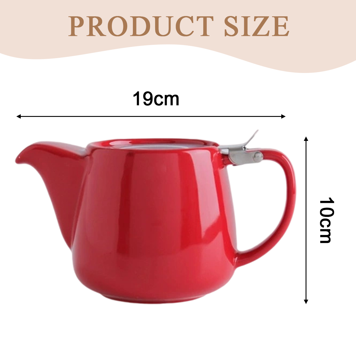 Eine rote Teekanne mit silbernem Griff. Sie ist 19 cm breit und 10 cm hoch. Oben stehen die Worte "PRODUCT SIZE".