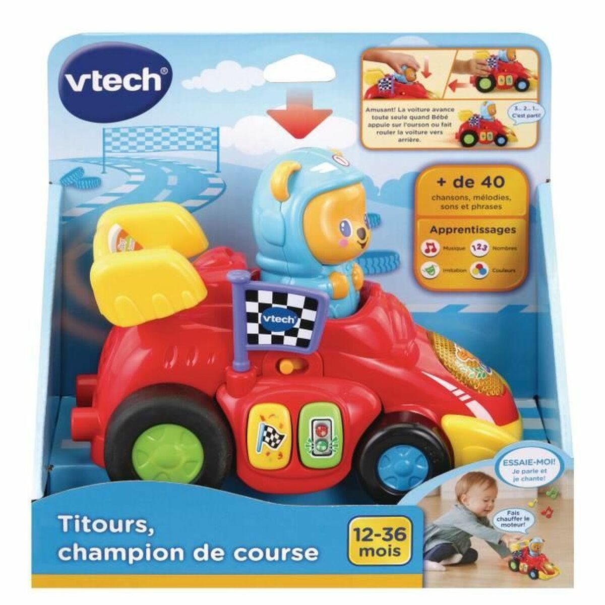 Ein rotes Spielzeug-Rennauto mit einem Bären als Fahrer. Die Box hat Text auf Französisch und zeigt ein Baby beim Spielen.