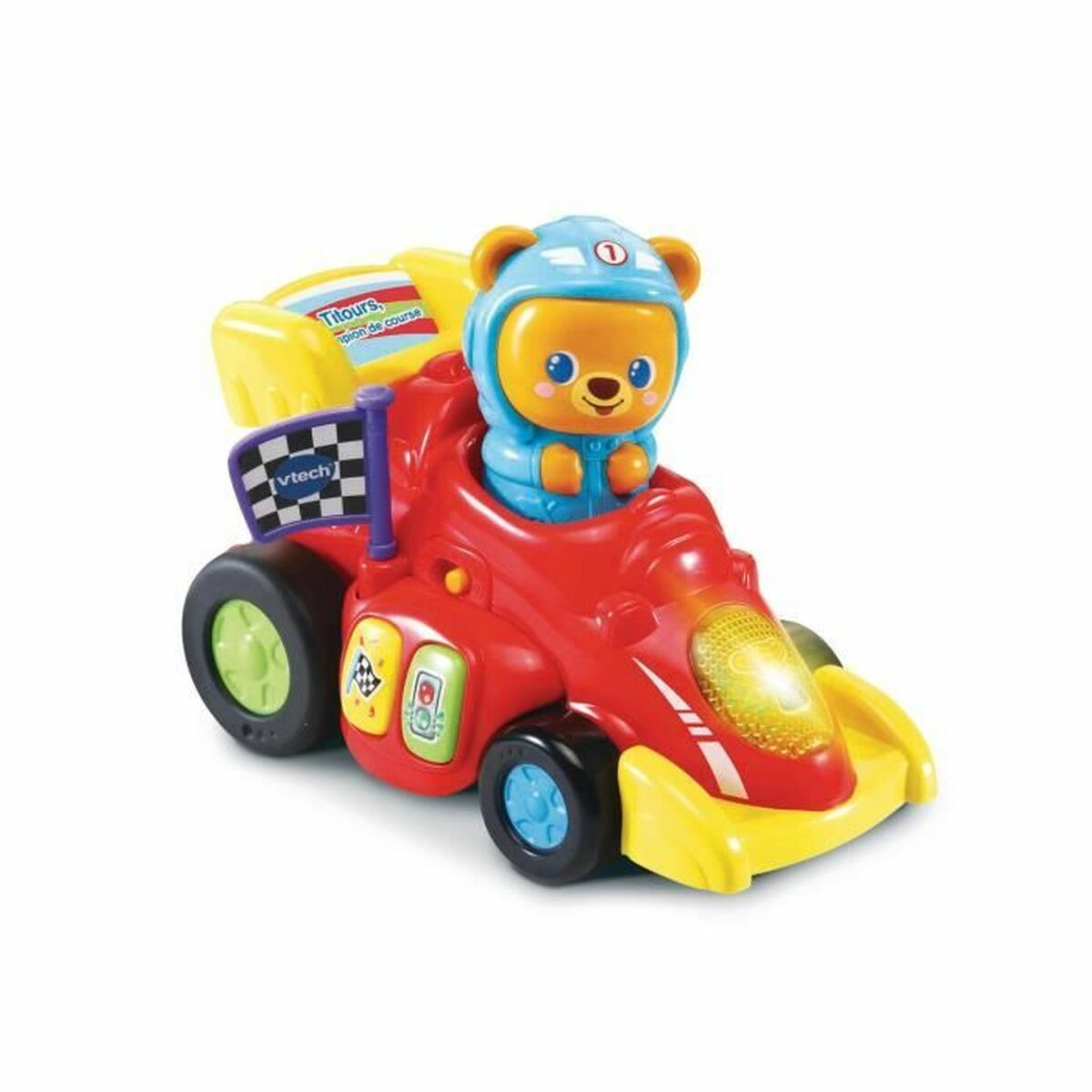 Ein rotes Spielzeug-Rennauto mit einem Bärenfahrer mit blauem Helm. Es hat gelbe und schwarze Akzente, eine Zielflagge und ein VTech-Logo.