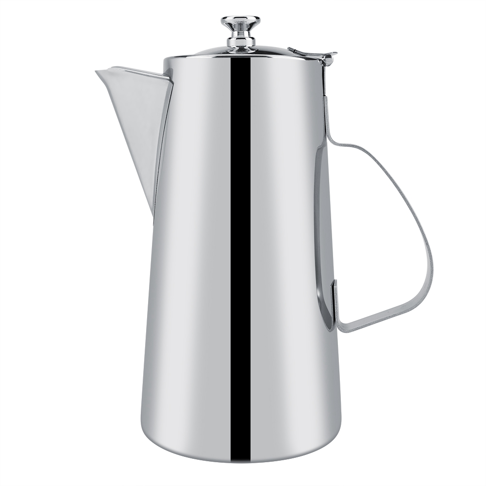 Eine glänzende Kaffeekanne aus Edelstahl mit Deckel und Griff. Sie steht vor weißem Hintergrund. Ein schwarzer Streifen ist darauf.