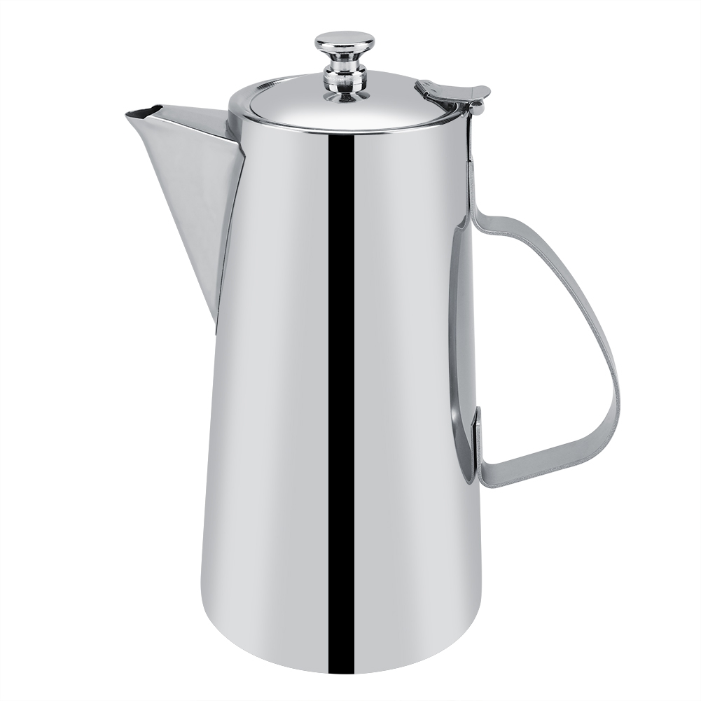 Eine glänzende Kaffeekanne aus Edelstahl mit Deckel und Henkel, isoliert auf weißem Hintergrund.
